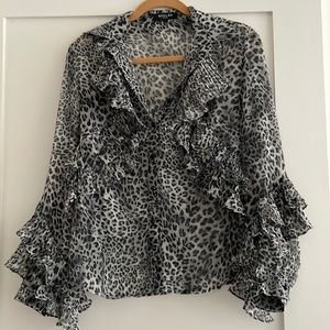 Belulah Sheer Grey Leopard Print Ruffled Blouse